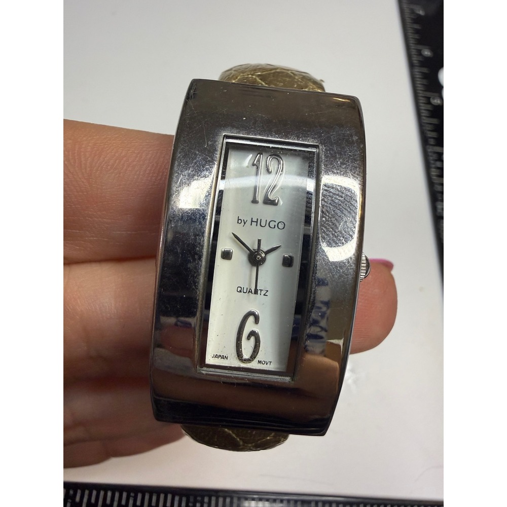 by HUGO Cuff Watch Silver Tone Rectangular Case Gold Snakeskin Band Japan Movt